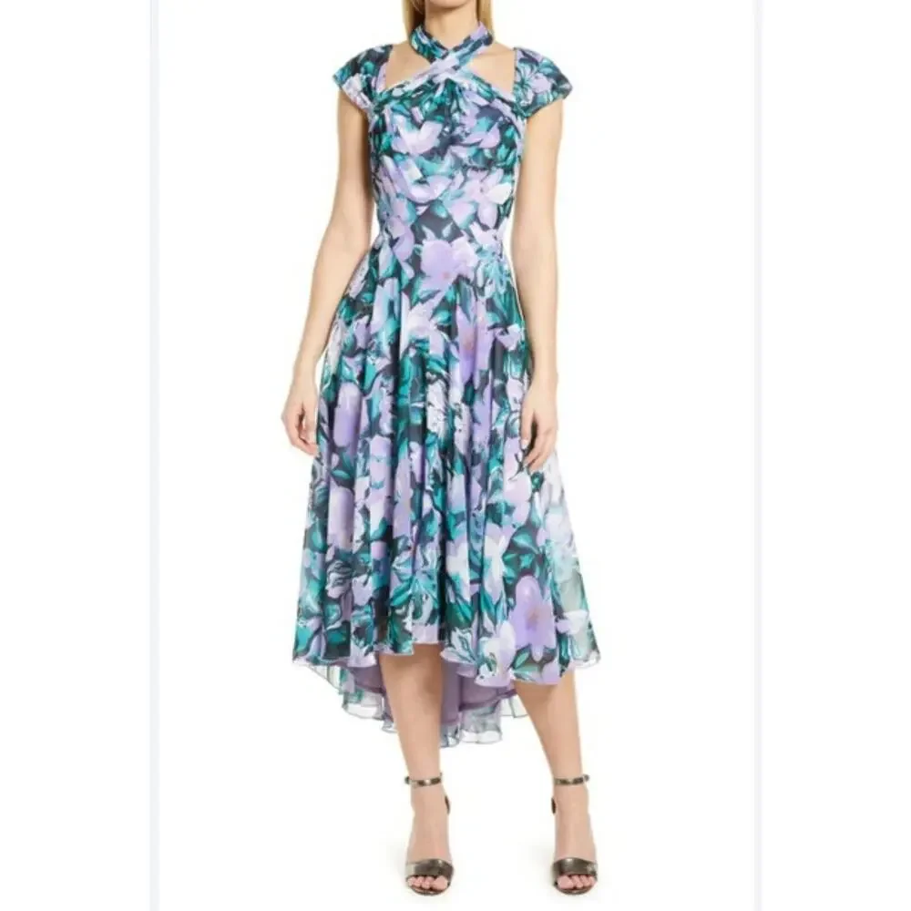 NWT Tadashi Shoji ARLENE CUTOUT HALTER FLORAL MIDI DRESS BUI22121MD Iris Size 12 - Picture 4 of 16
